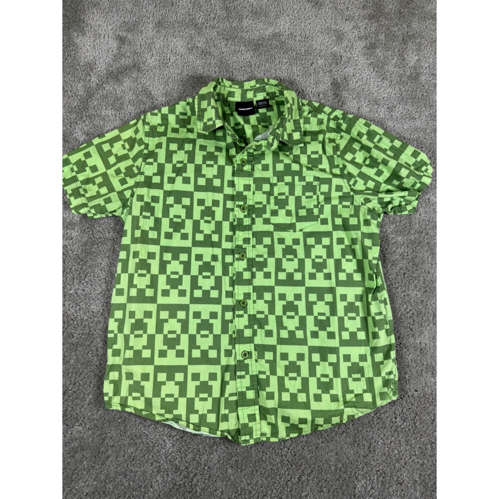 Minecraft Creeper All Over Print Green Button Down Shirt Boys Large LG G G